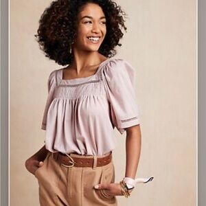 Banana Republic Lilac Pintuck Square Neck Short Sleeve Knit Cotton Top Small